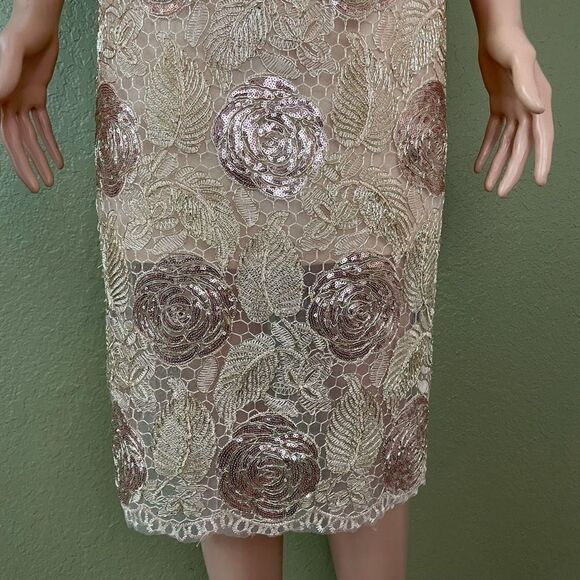 Alexia Admor V-Back Embellished Sequin Midi Dress Women’s Size 2 Zipper Tan - Picture 3 of 12